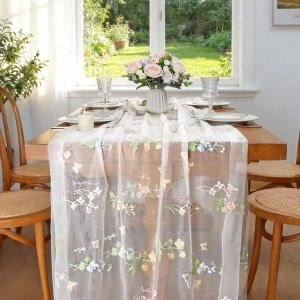 Tafelloper wit met borduurwerk en tule, 71 x 305 cm - Tafelkleed kant tule stof - Bruiloft decoratie - Verjaardag - Feestdecoratie - Keuken accessoires - Sfeervolle tafeldecoratie