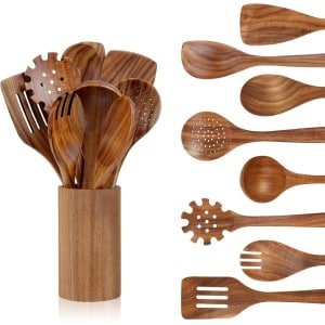 Teak Wood Lepels voor Koken - 9 Stuks Keuken Gereedschap Set met Houder en Lepel - Hittebestendig Antiaanbakpan Keuken Accessoires