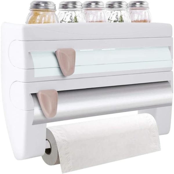 Wandrolhouder met Foliesnijder en Opbergruimte voor Specerijen - Praktische Keukenrolhouder in Wit - Handige Keuken Accessoire
