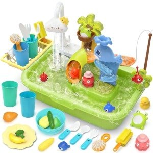 Watertafel speelgoed - Speelkeuken met stromend water en elektrische kraan - Drijvend badspeelgoed en rollenspel voor peuters - Keuken aanrechtje voor jongens en meisjes - Groen