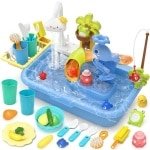 Watertafel speelgoed - Speelkeuken met stromend water en elektrische kraan - Drijvend badspeelgoed en rollenspel voor peuters - Keuken aanrechtje voor jongens en meisjes - Blauw