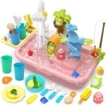 Watertafel speelgoed - Speelkeuken met stromend water en elektrische kraan - Drijvend badspeelgoed en rollenspel voor peuters - Keuken aanrechtje voor jongens en meisjes - Roze
