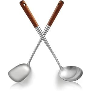 Wok Spatula Set 43cm - RVS Wok Gereedschap met Houten Handgreep - Hittebestendig Metalen Spatel en Lepel - Hoge Kwaliteit Keuken Kookgerei Sets - Wok Accessoires