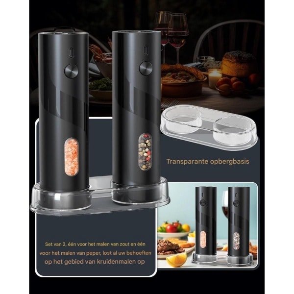 YOZHIQU Pepermolens Set 2 stuks - Elektrische Salz- en Pepermolen met USB Oplaadbaar - Instelbare Maalgraad & Bovenopvulling - Geschikt voor Keuken en Tafelgebruik - RVS 110ml met LED Verlichting