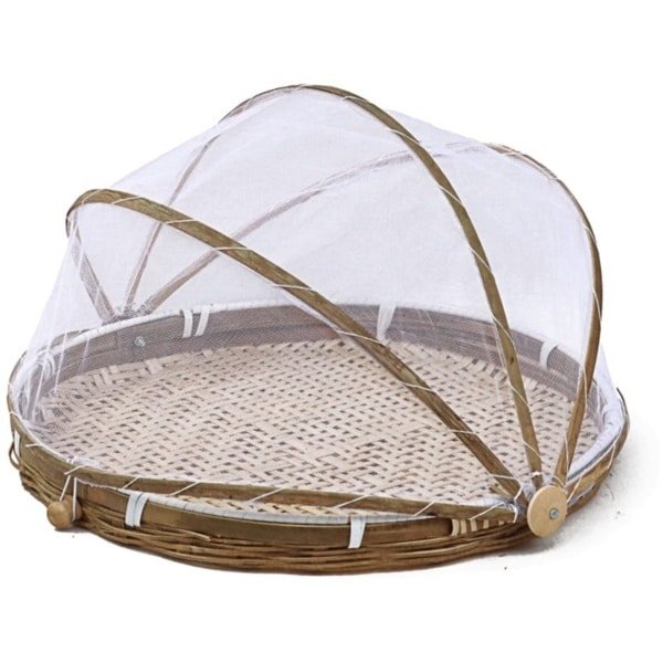 longziming -Fruitmand met Deksel - Voedselkap Mand - Keuken Accessoire - Insectenbescherming - Natuurlijke Uitstraling - Zeegras Materiaal - Duurzaam & Herbruikbaar - 1 Stuk